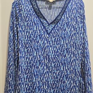 Michael Kors Blue Geometric V-Neck Top